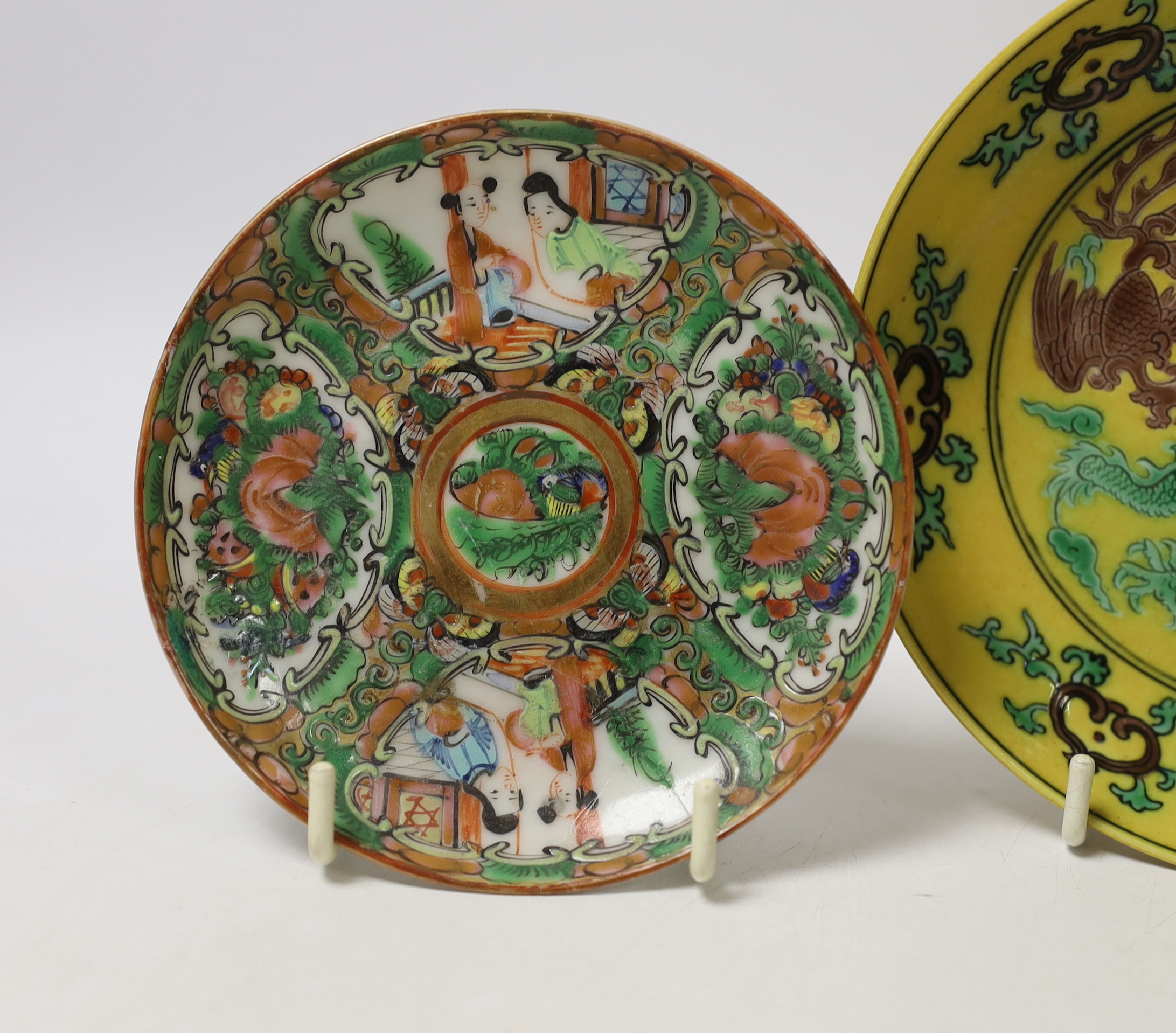 Three Chinese saucers including a ‘dragon’ example, largest 13cm in diameter
